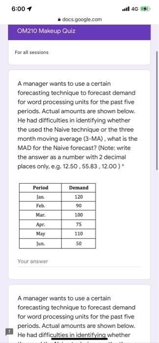 all 4G 34 6:00 1 docs.google.com OM210 Makeup