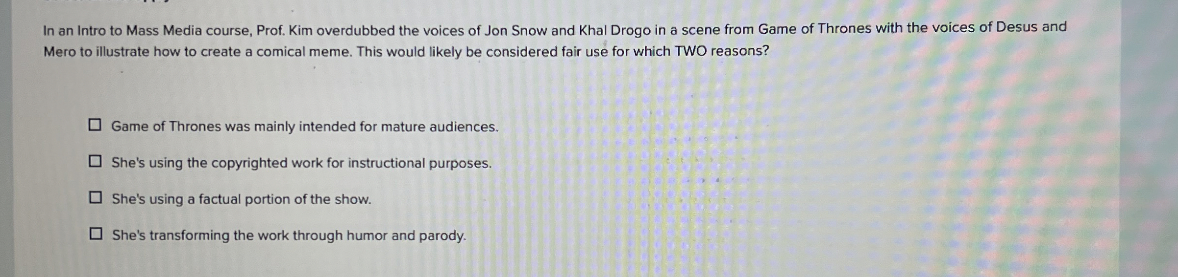 In an Intro to Mass Media course, Prof. Kim