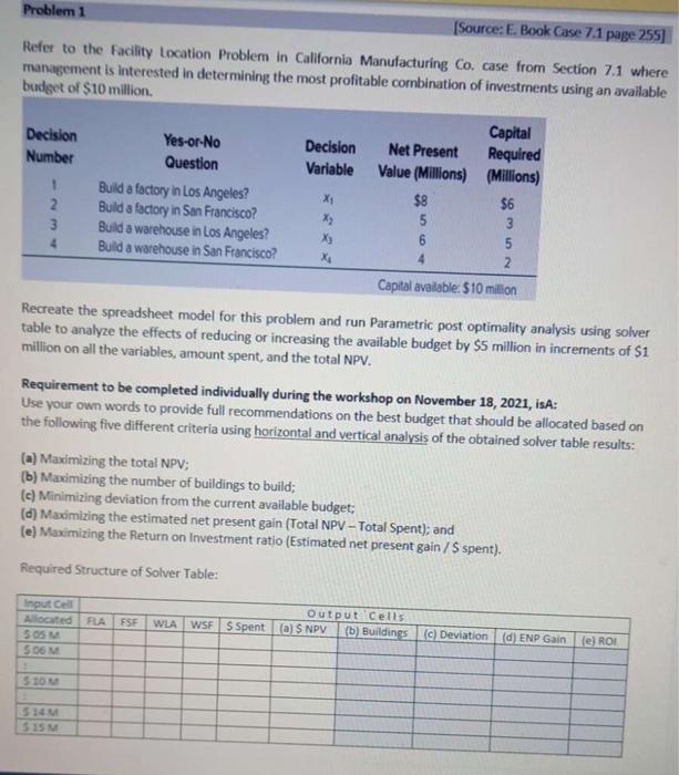 Problem 1 [Source: E. Book Case 7.1 page 255)