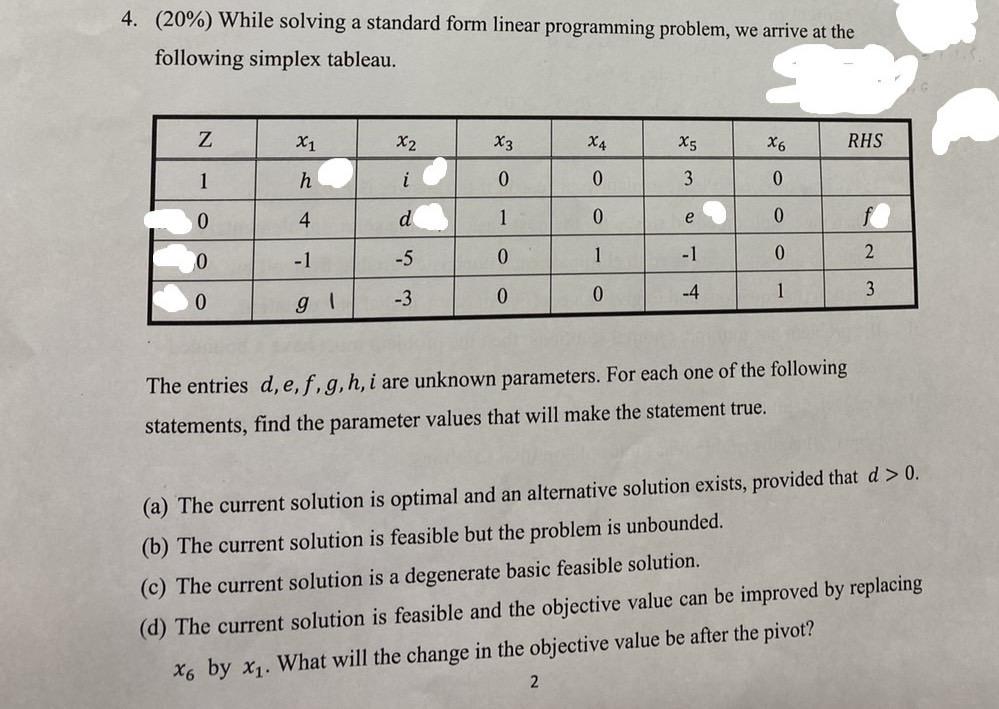 4. (20%) While solving a standard form linear