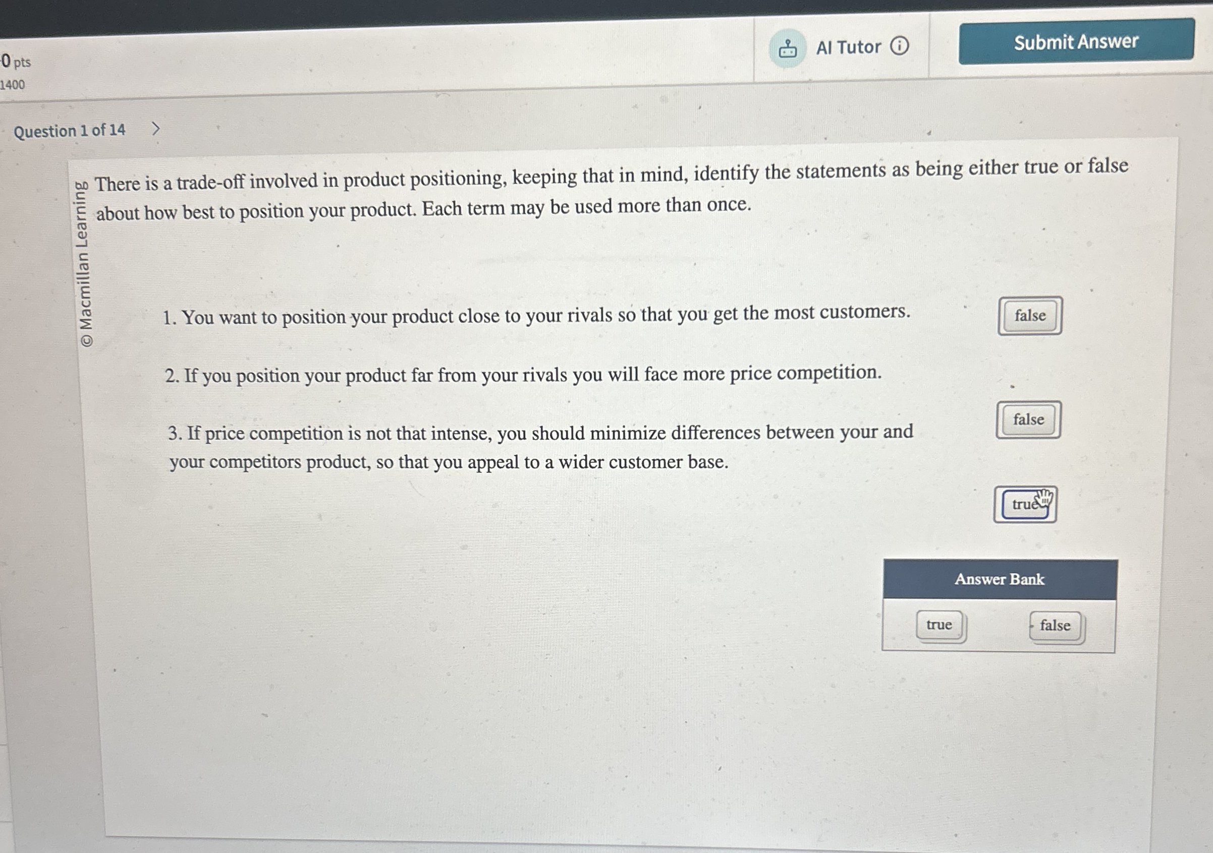 0 pts Al Tutor ( i ) 1 4 0 0 Question 1 of 1 4 wo