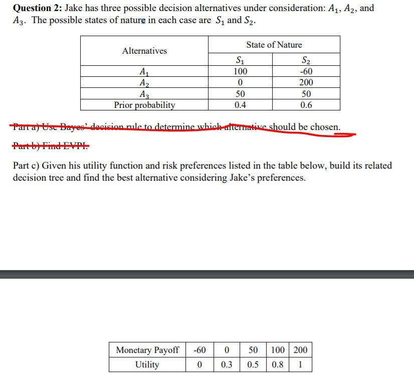 Question 2: Jake has three possible decision