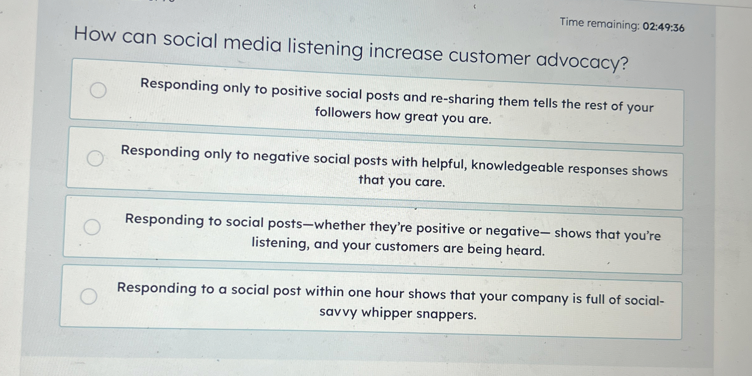 Time remaining: 0 2 : 4 9 : 3 6 How can social