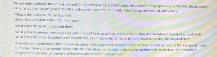 please show work Reliant Auto estimates the