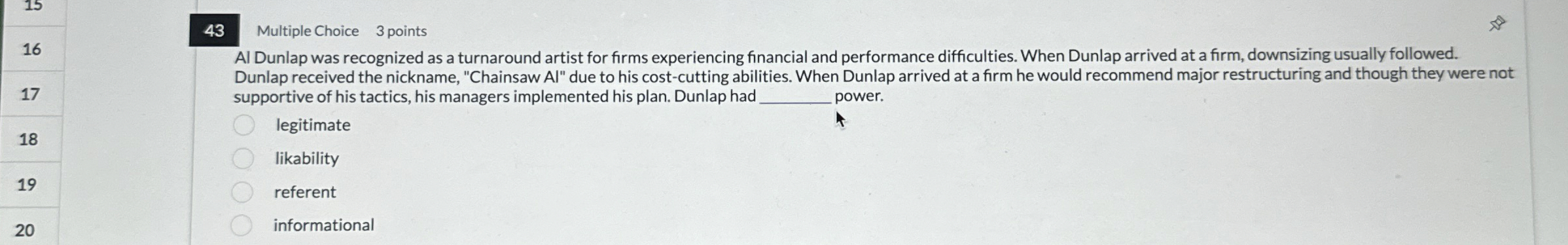 4 3 Multiple Choice 3 points 1 6 1 7 1 8 1 9 2 0