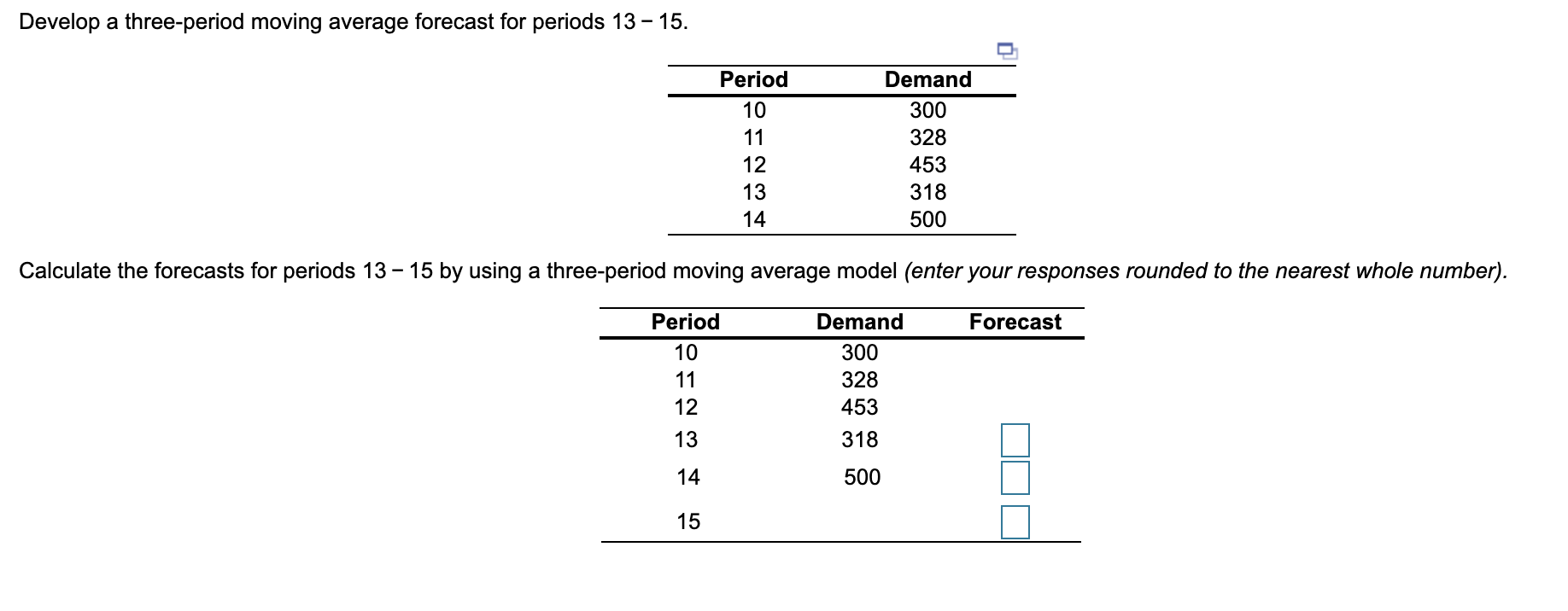 Develop a three-period moving average forecast