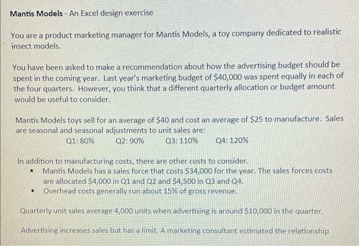 Mantis Models - An Excel design exercise You are