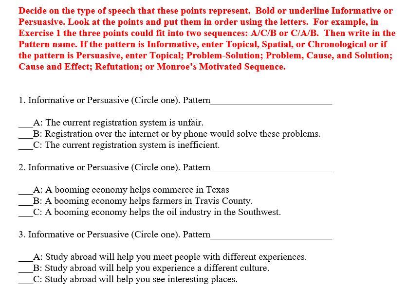Decide on the type of speech that these points