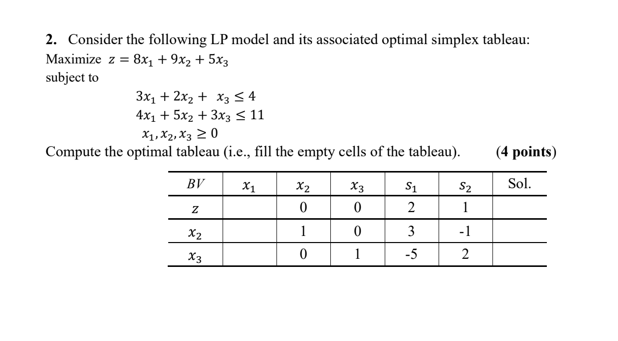 2. Consider the following LP model and its