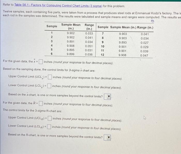 Refer to Table S6.1 - Factors for Computing