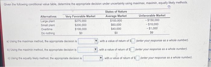 Given the following conditional value table,