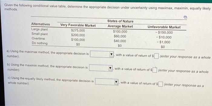 Given the following conditional value table,