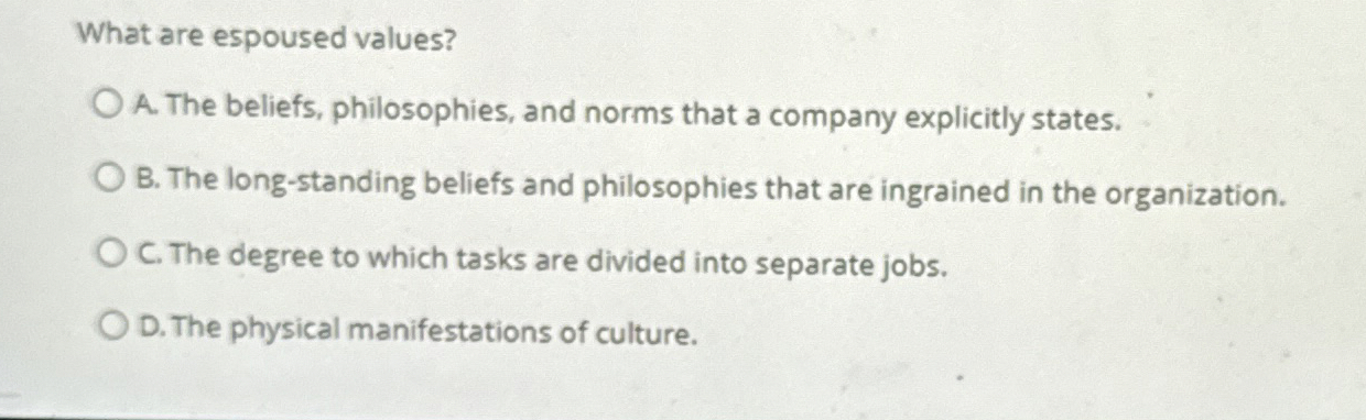 What are espoused values? A . The beliefs,