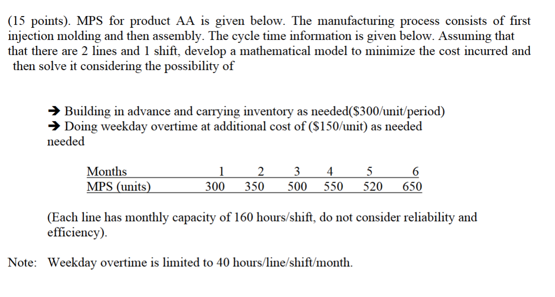 ( 1 5 points ) . MPS for product AA is given