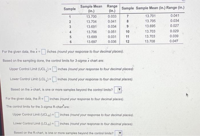 Sample Sample Sample Mean (in.) Range (in.) 7 1 2
