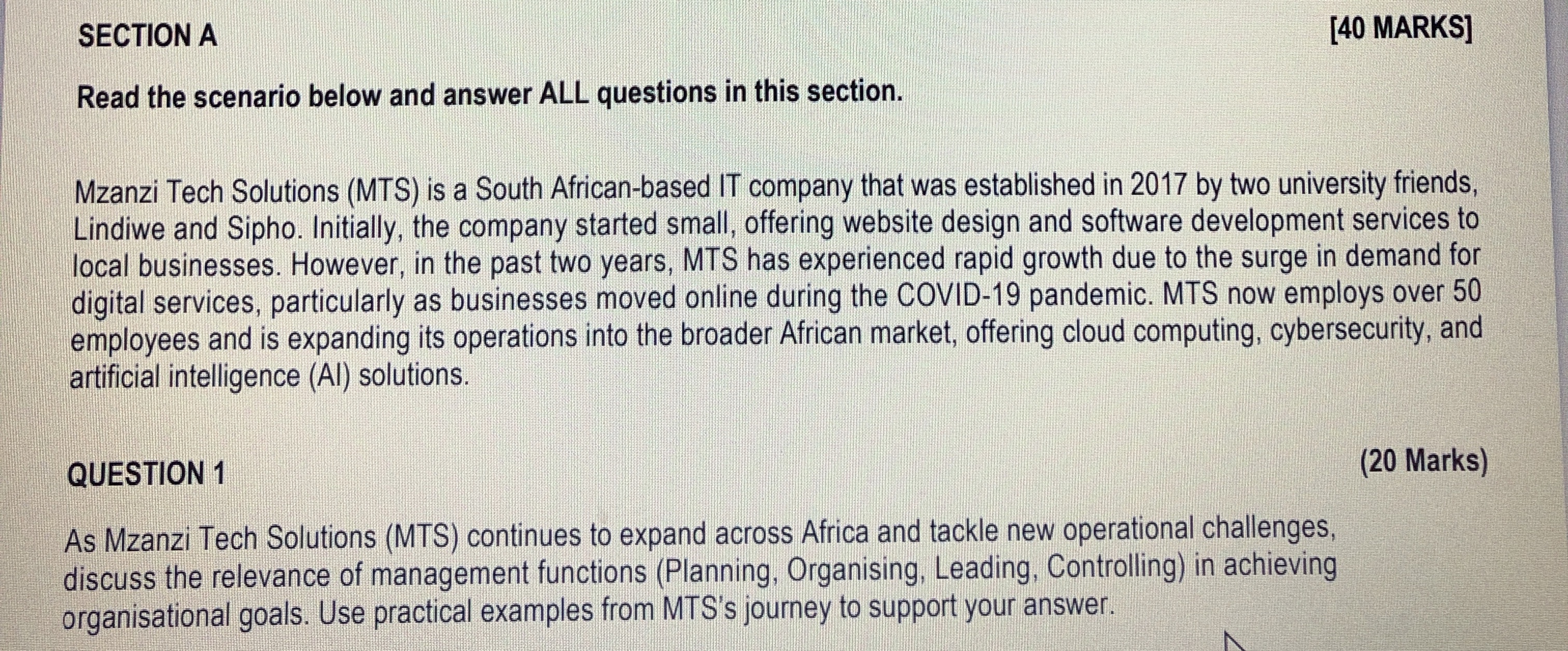 SECTION A [ 4 0 MARKS ] Read the scenario below