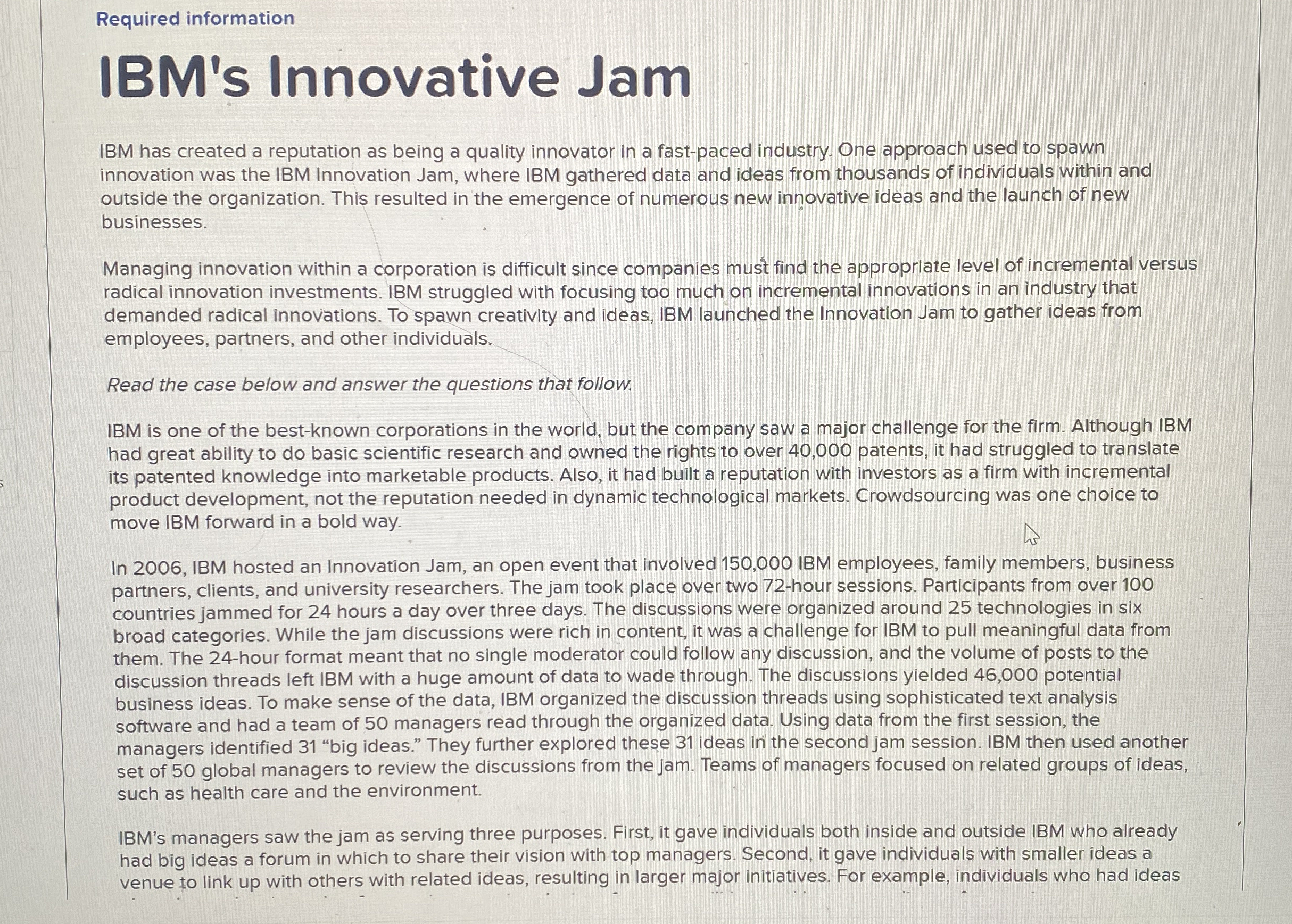 Required information IBM's Innovative Jam IBM has