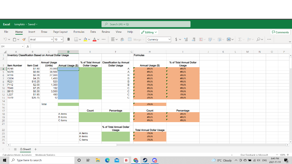 Microsoft Excel Activity #1: Inventory