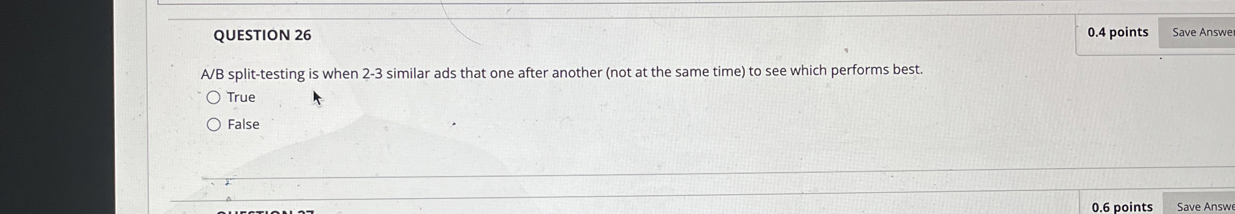 QUESTION 2 6 0 . 4 points A / B split - testing
