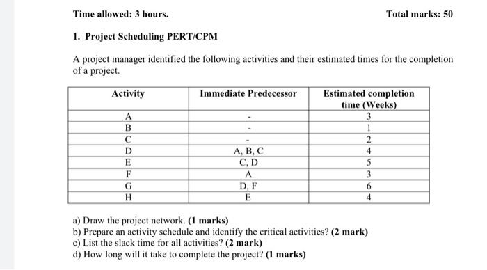 Time allowed: 3 hours. Total marks: 50 1. Project