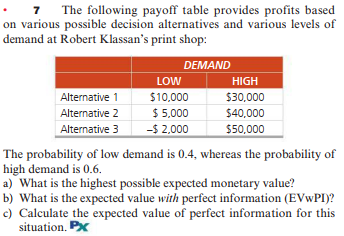 7 7 The following payoff table provides profits