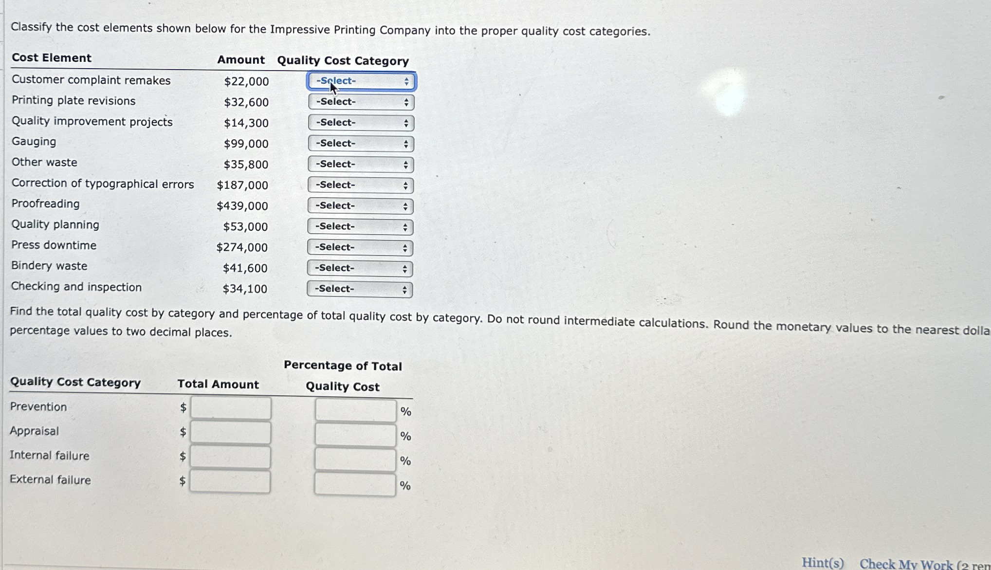 Classify the cost elements shown below for the