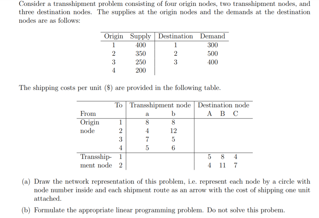 Consider a transshipment problem consisting of