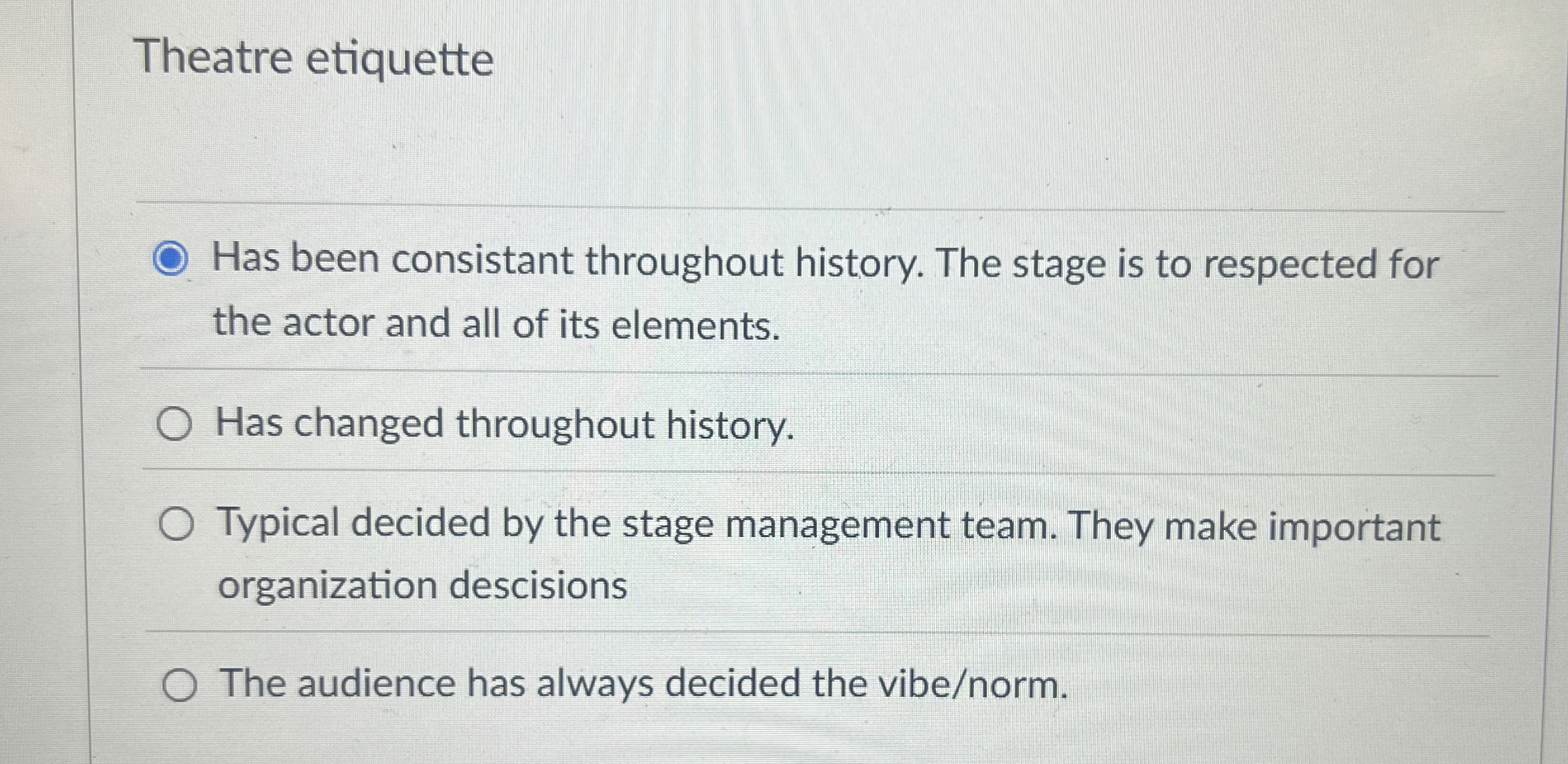 Theatre etiquette Has been consistant throughout