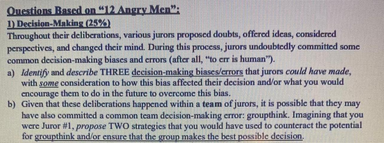Questions Based on 12 Angry Men'. 1)