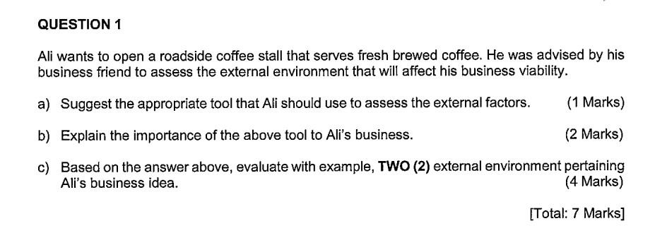 entrepreneurship question QUESTION 1 Ali wants to