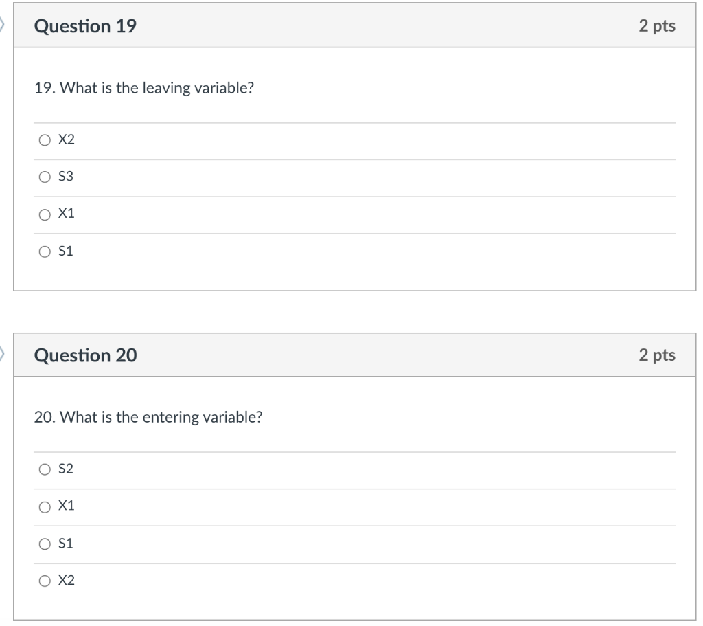 Question 16 2 pts 16-20 The table below is the