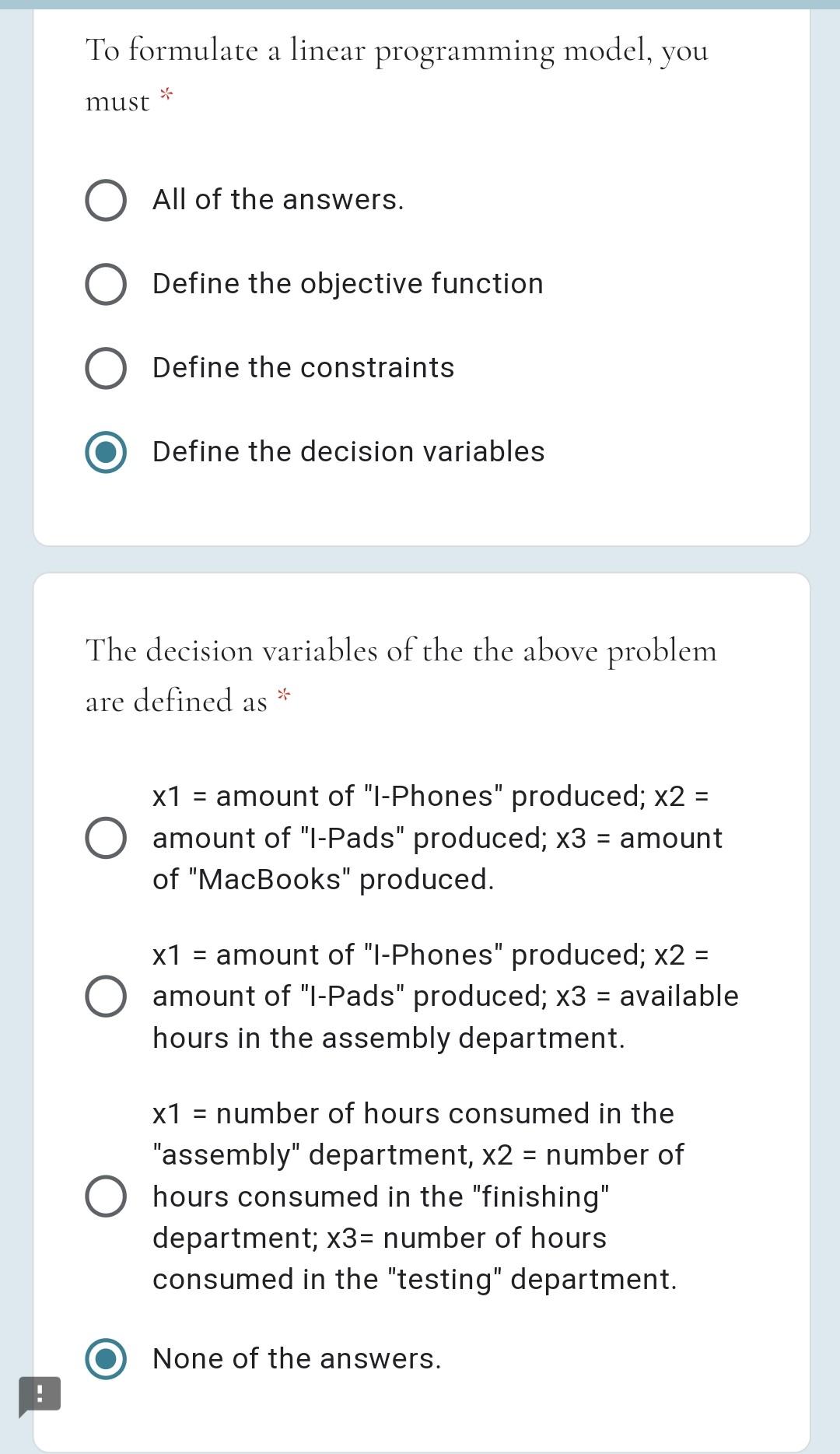 I. Formulation: Solve the following formulation