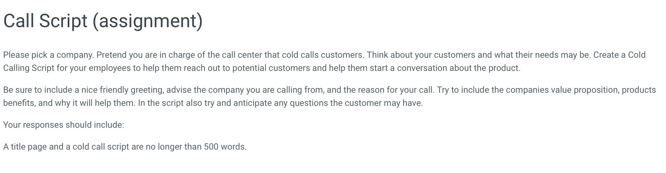 Call Script (assignment) Please pick a company.