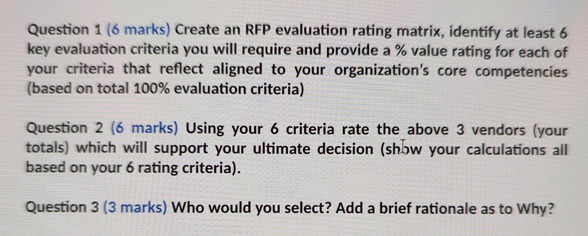 Part 2. (15 marks Total) When putting out an RFP