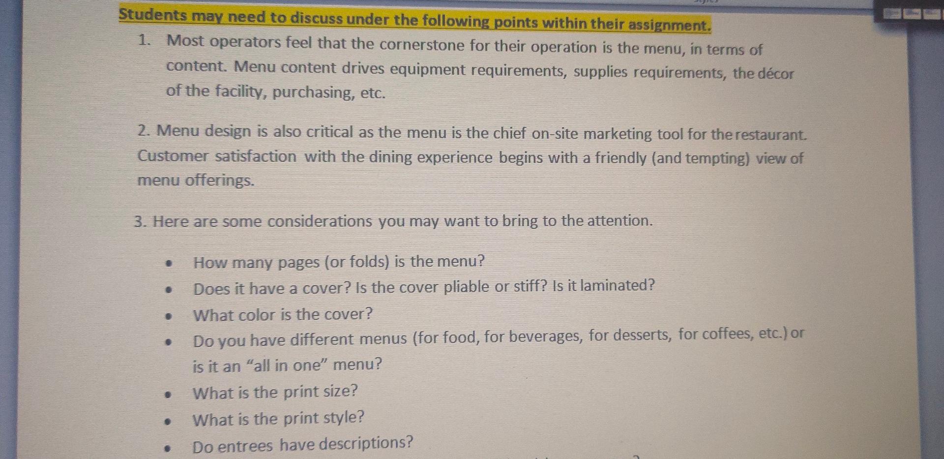 Subject - Food and beverage Assignment: Project