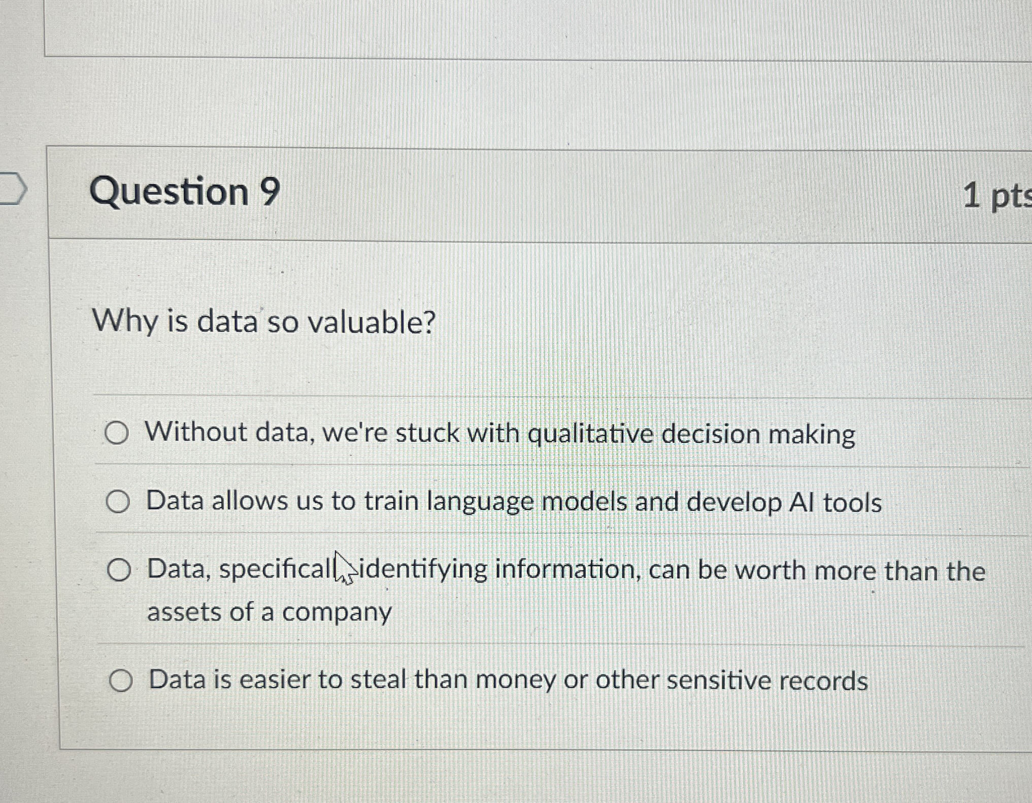 Question 9 1 pts Why is data so valuable? Without
