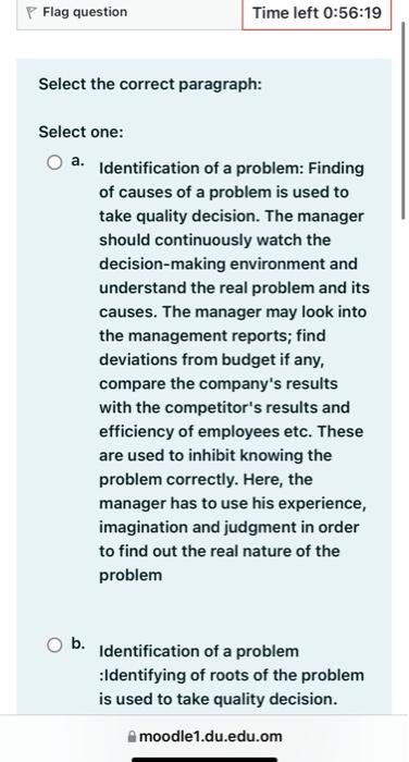 P Flag question Time left 0:56:19 Select the