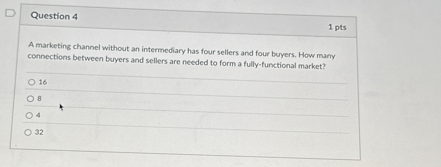 Question 4 1 pts A marketing channel without an