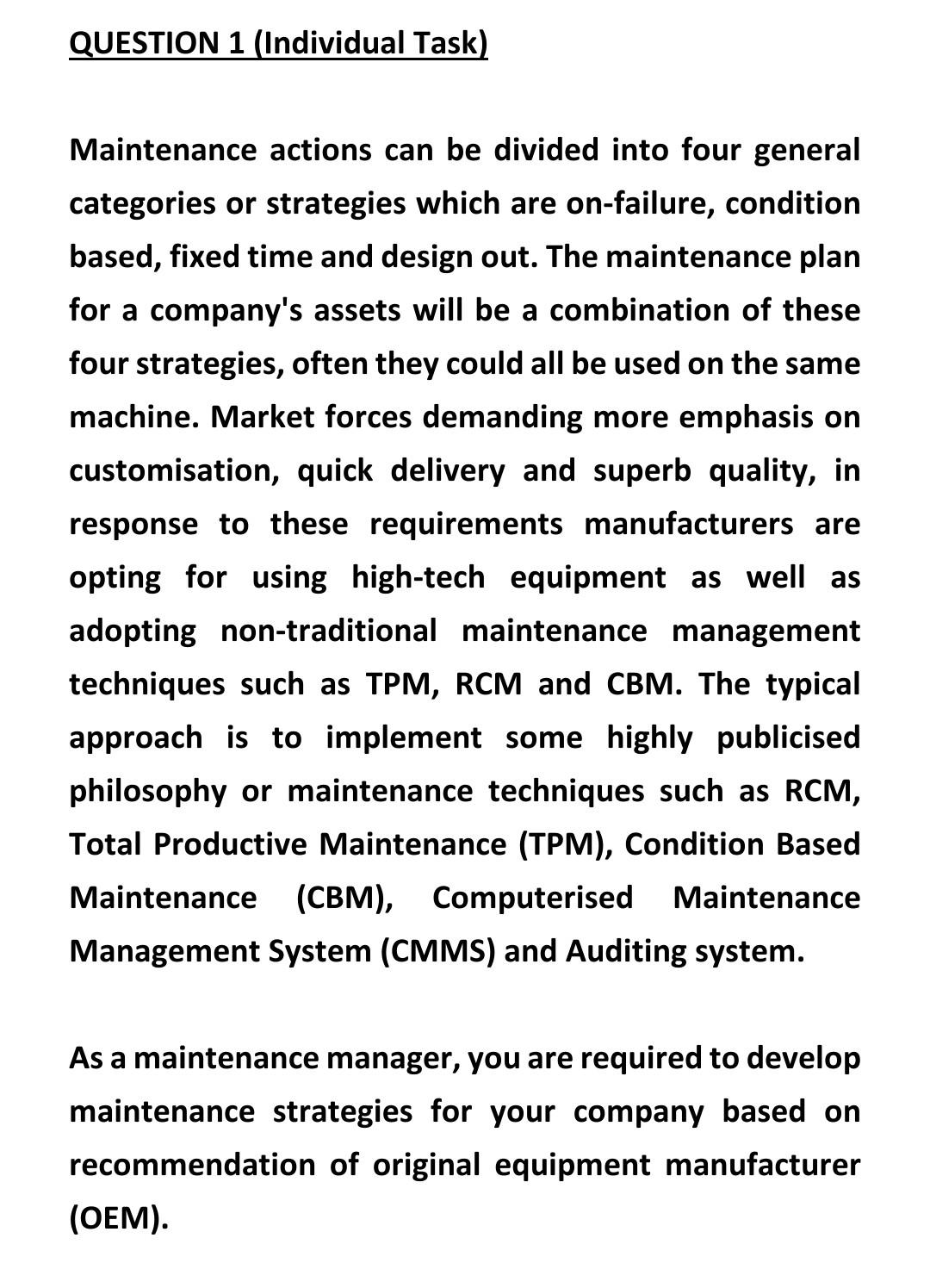 QUESTION 1 (Individual Task) Maintenance actions