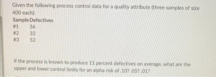 Given the following process control data for a