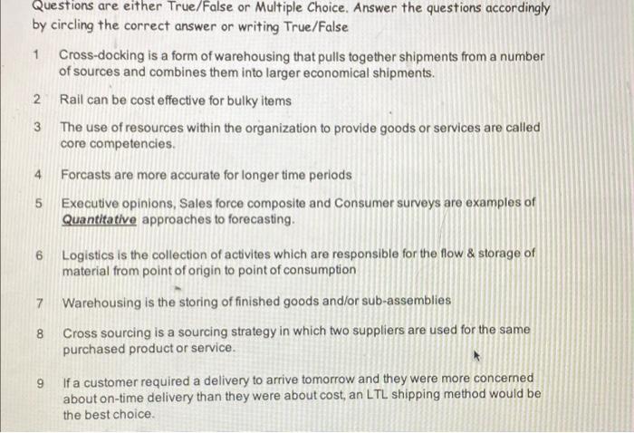 Questions are either True/False or Multiple