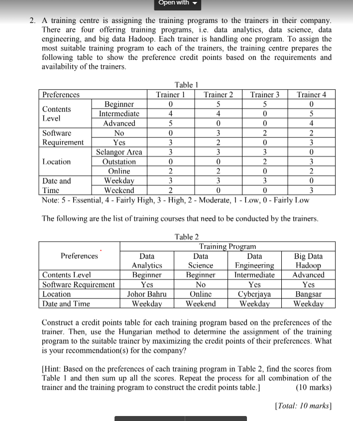 Open with 2. A training centre is assigning the
