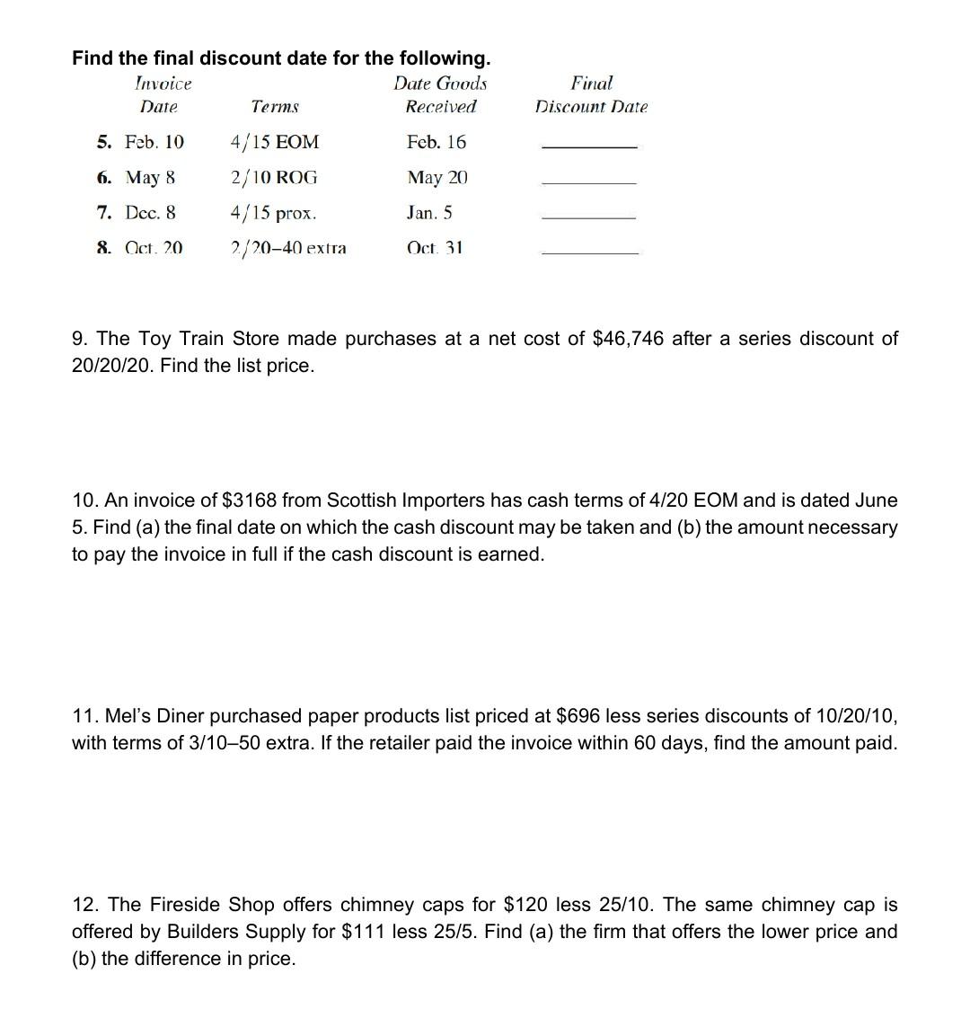 help me with this please Final Discount Date Find