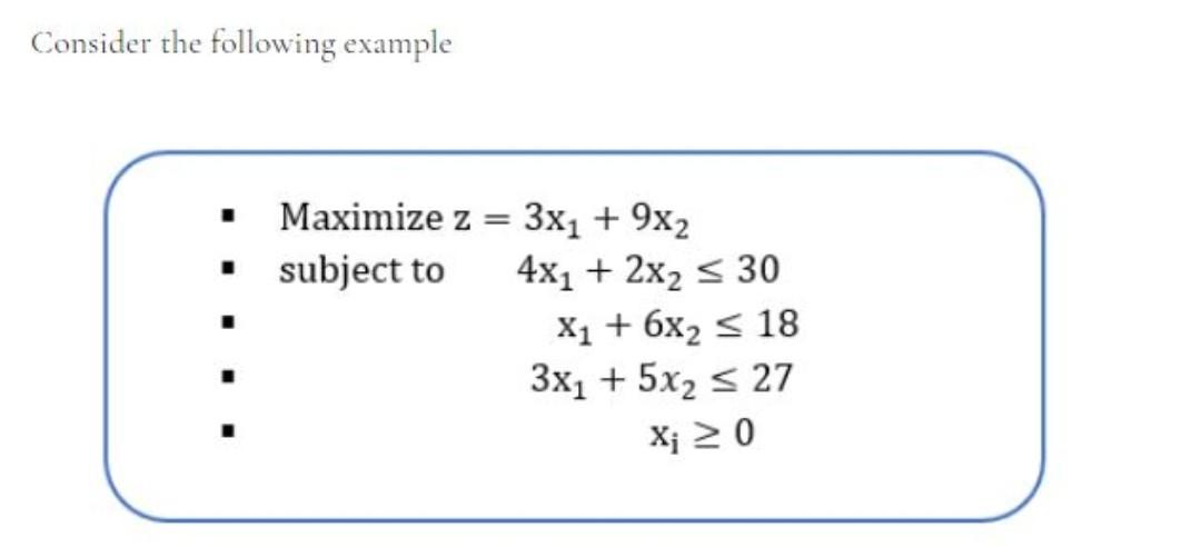 Consider the following example = Maximize z = 3x1