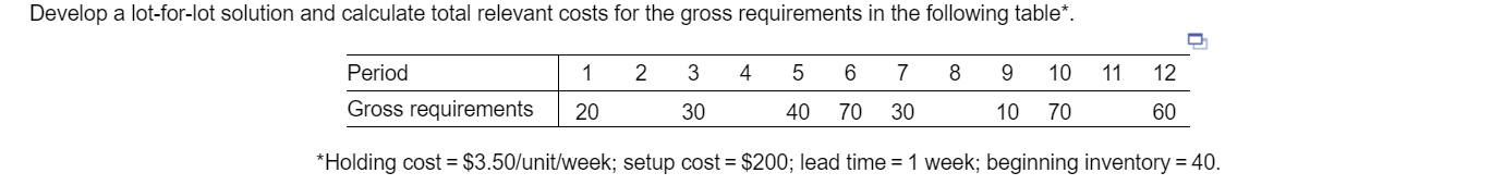 The total cost is $______? Develop a lot-for-lot