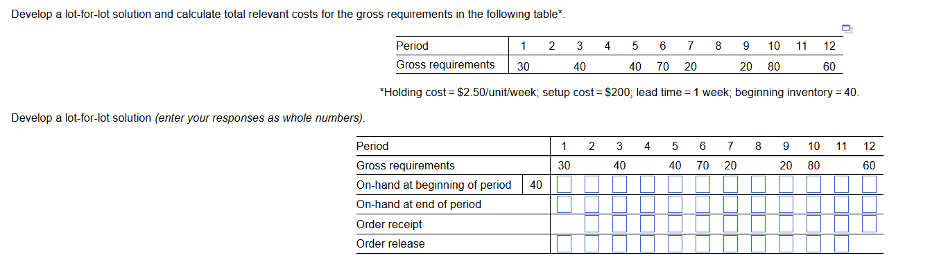 Develop a lot - for - lot solution and calculate
