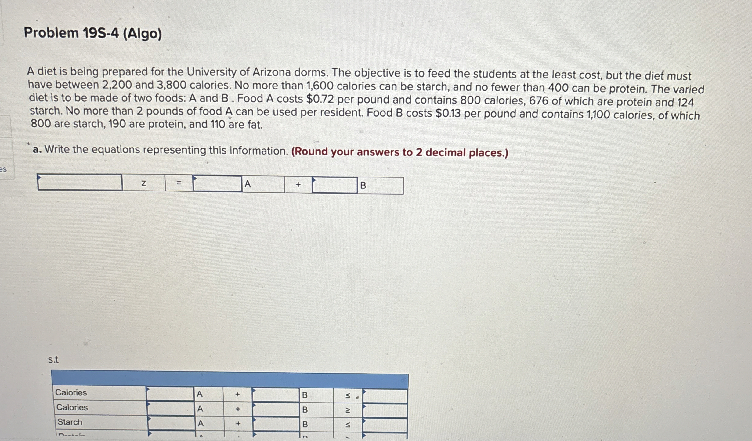 Problem 1 9 S - 4 ( Algo ) A diet is being