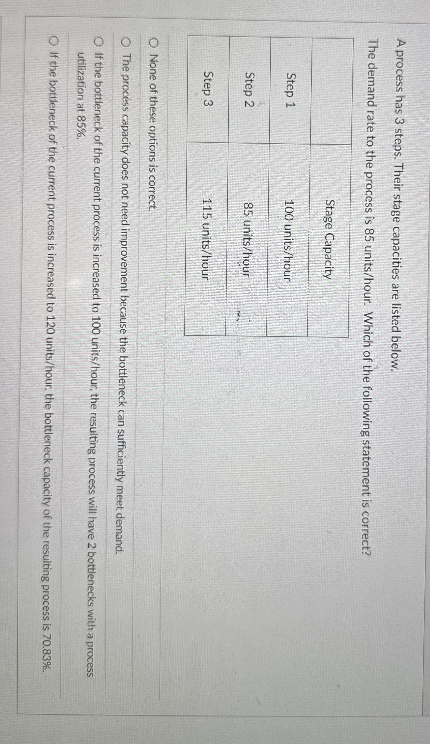 A process has 3 steps. Their stage capacities are