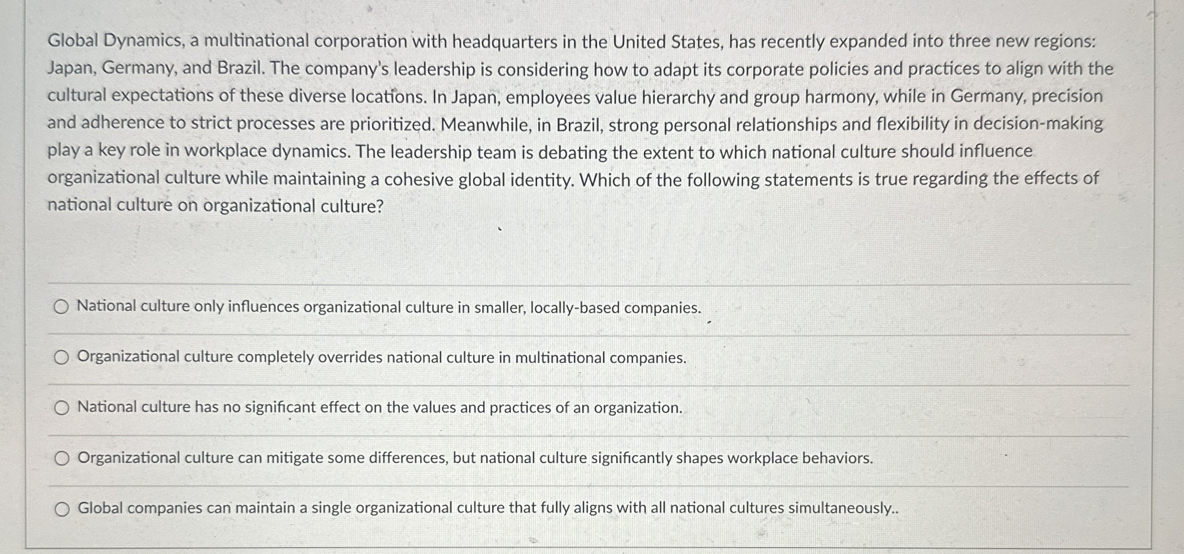 Global Dynamics, a multinational corporation with