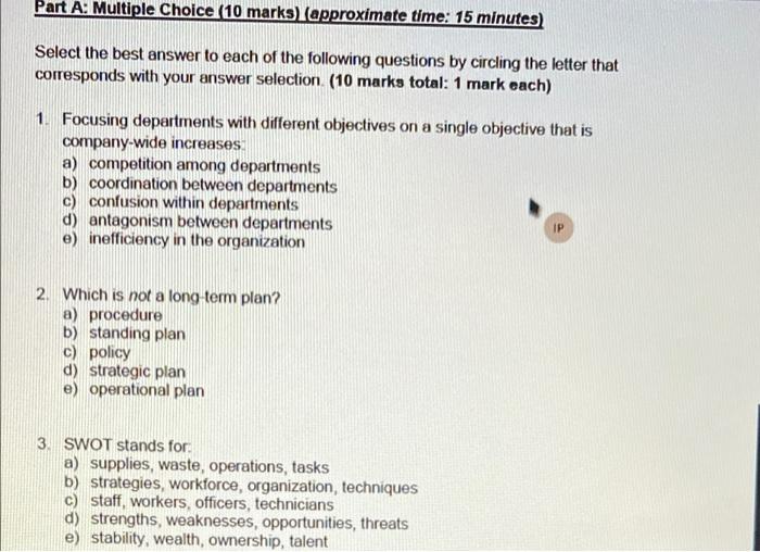 Part A: Multiple Choice (10 marks (approximate